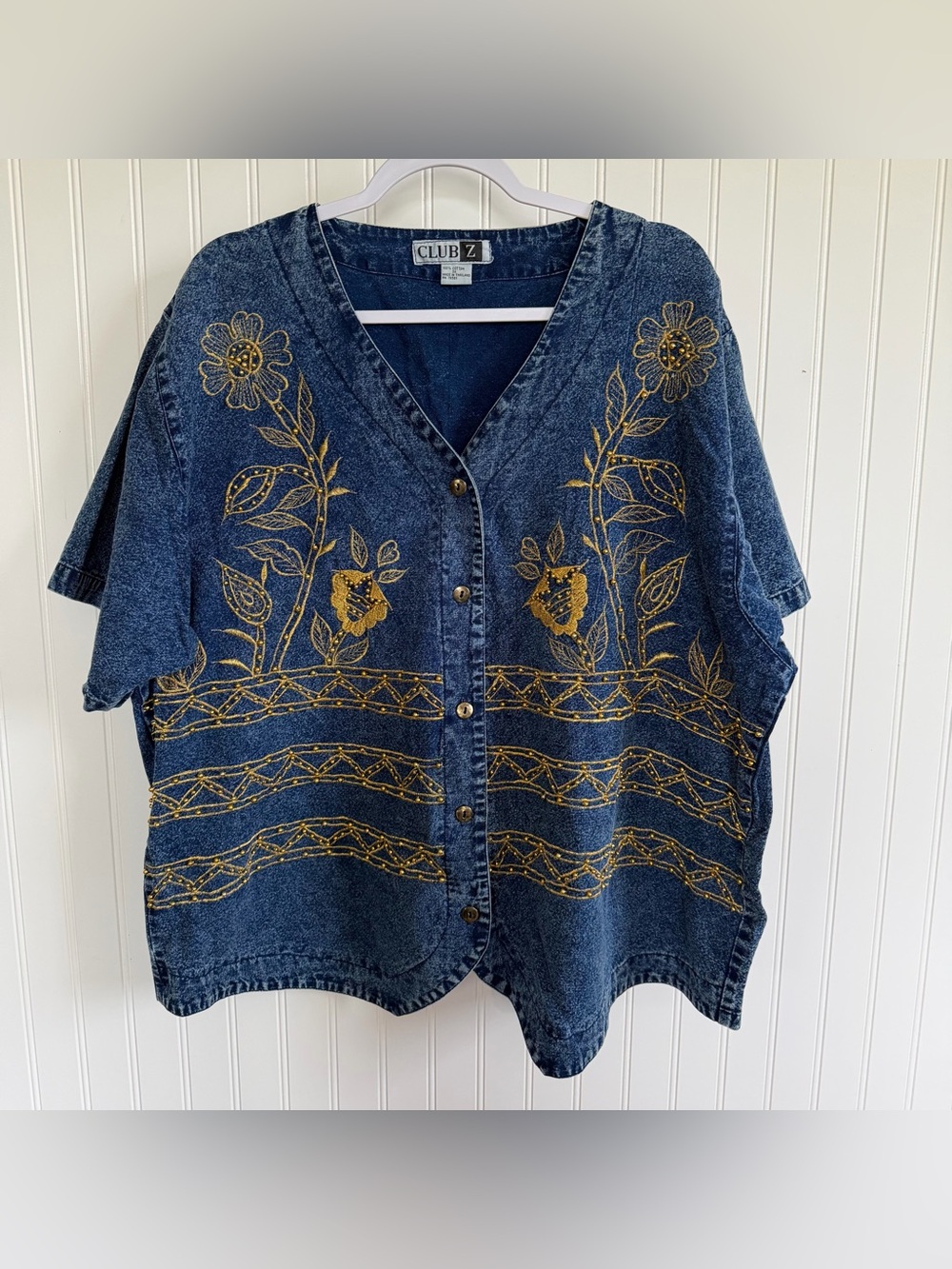 Women’s 3X Denim SS Gold Floral Embroidered Beaded 90’s Granny Cottagecore Vtg